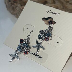 CJ Banks Silver Starfish Dangle Earrings with Blue and Red Beads, Hypoallergenic
